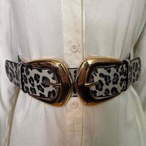 Leopard print PU leather gold tone double buckle elastic waistband belt